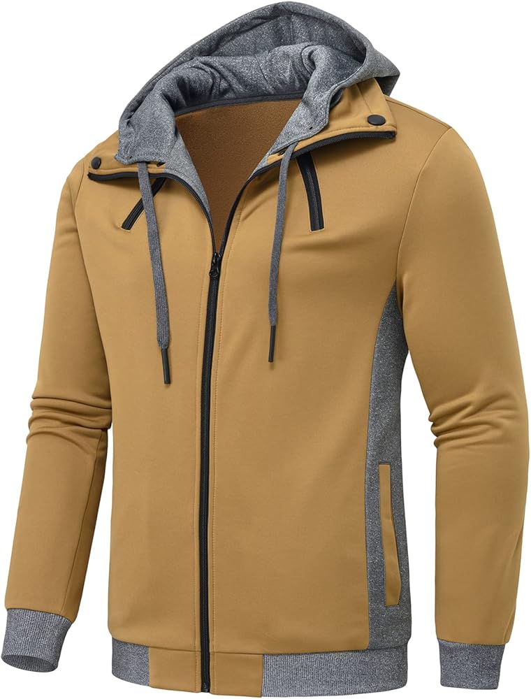 YuKaiChen Men's Hooded Jacket Slim Fit Double Zipper Turtleneck Fleece Hoodie Outerwear