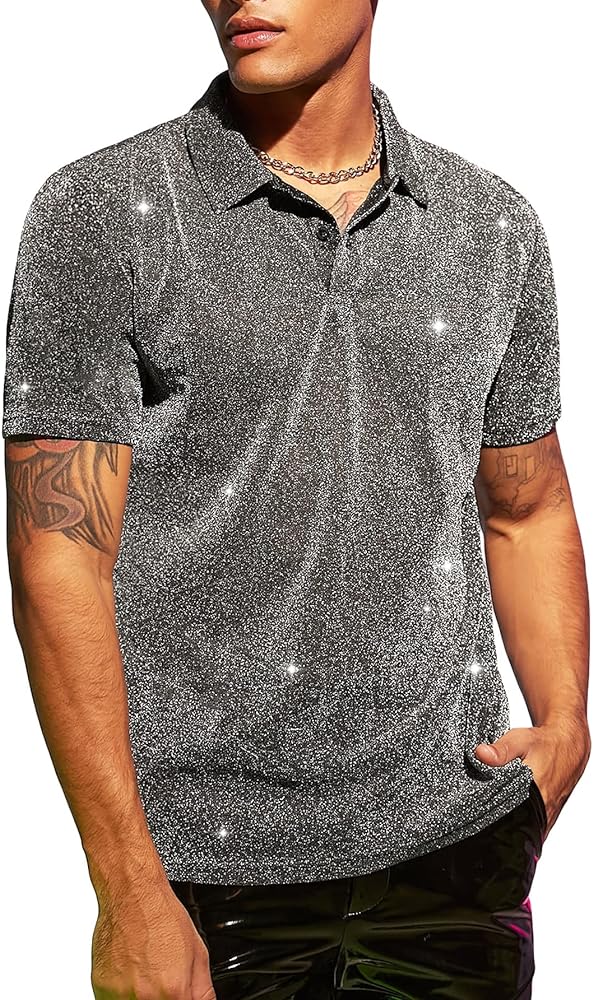 WDIRARA Men's Metallic Mesh V Neck Short Sleeve Sheer Top Golf Polo Shirts Partywear