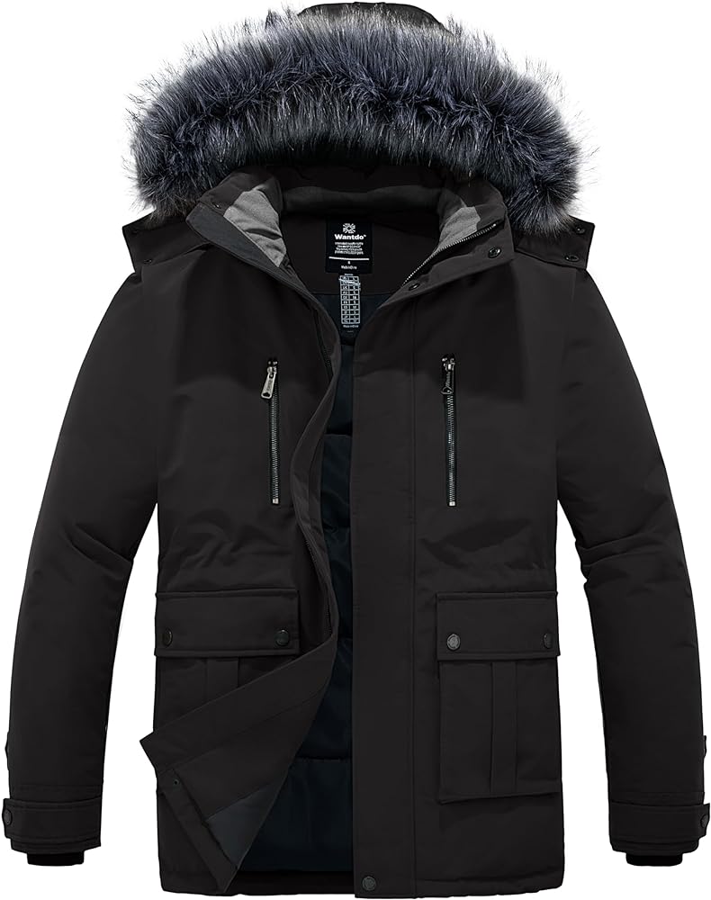 wantdo Men's Puffer Jacket Thick Winter Coats Warm Parka Outerwear with Fur Hood