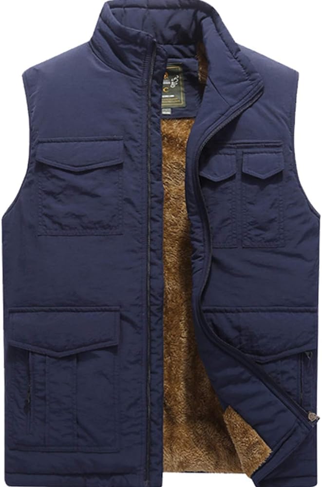 XinYangNi Men's Winter Warm Outdoor Padded Puffer Vest Thick Fleece Lined Sleeveless Jacket