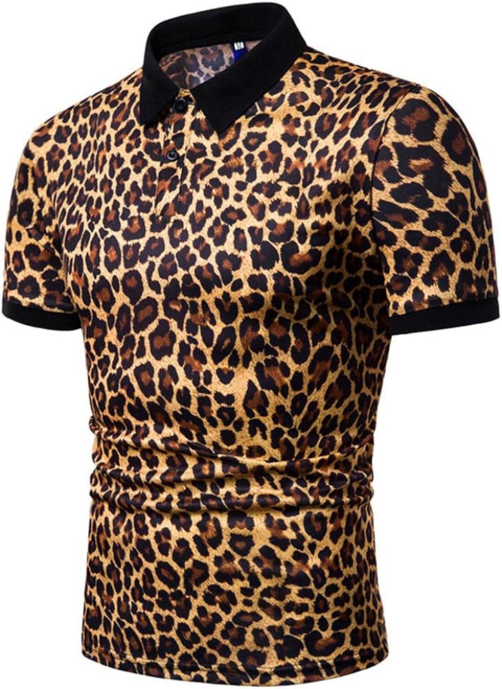 Mens Leopard Print Fashion Short Sleeve Large Size Casual Polo Shirt Tops Clothing Blouse