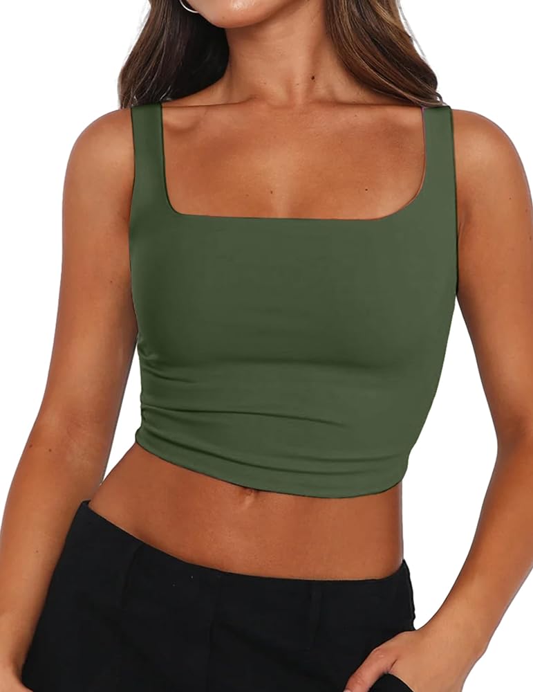 Zeagoo Women's Square Neck Sleeveless Crop Tops 2024 Cute Double Layer Seamless Slim Fit Y2k Tank Tops