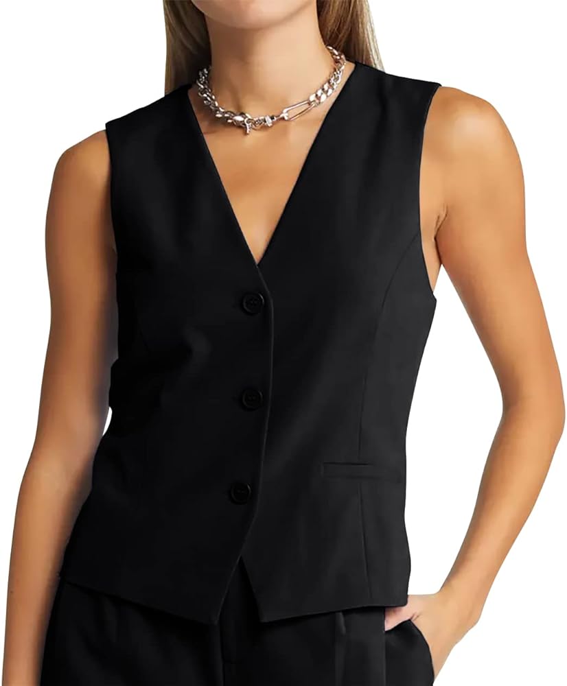 GAMISOTE Women Buttons Vest Crop Vintage Sleeveless V Neck Elastic Chiffon Waistcoat