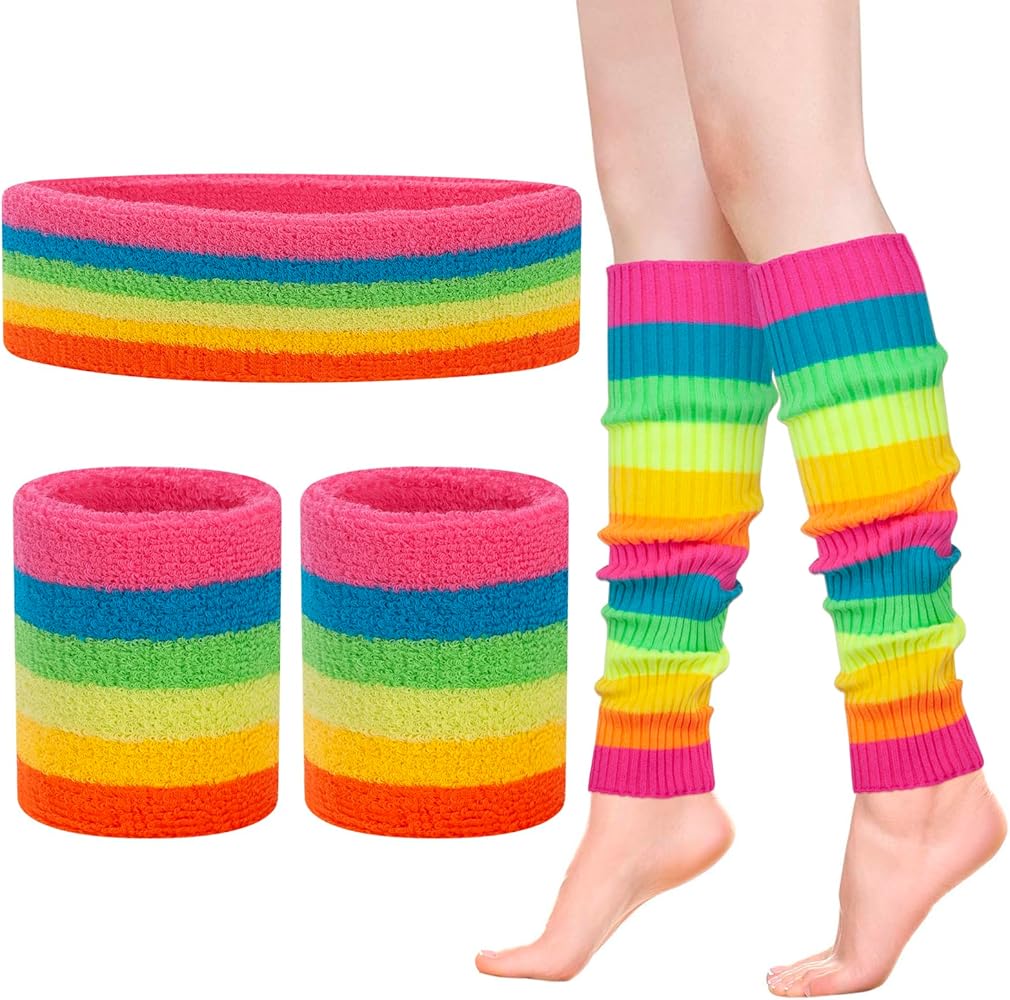 Leg Warmers for Women 80s Headband Wristbands Neon Leg Warmers Set for Sport Yoga - 80s Workout Clothes 90s Outfit for Women