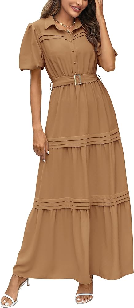 PRETTYGARDEN Women's Summer Maxi Dress Puff Short Sleeve Lapel V Neck Tiered A Line Flowy Elegant Party Dresses with Belt