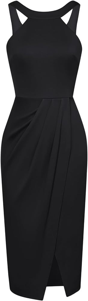 GRACE KARIN Women's Halterneck Sleeveless Ruched Bodycon Slit Wrap Party Cocktail Midi Dress