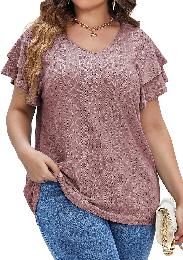 IN'VOLAND Womens Plus Size T shirt V Neck Loose Fit Ruffle Sleeve Summer Hollow Casual Tops Blouse