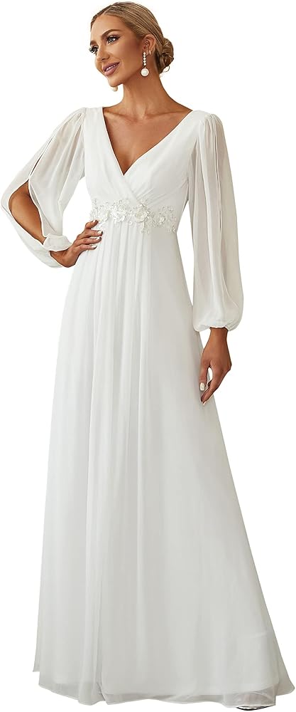 Ever-Pretty Women's V Neck Long Sleeves Floor Length Ruched Chiffon Formal Dress 00461