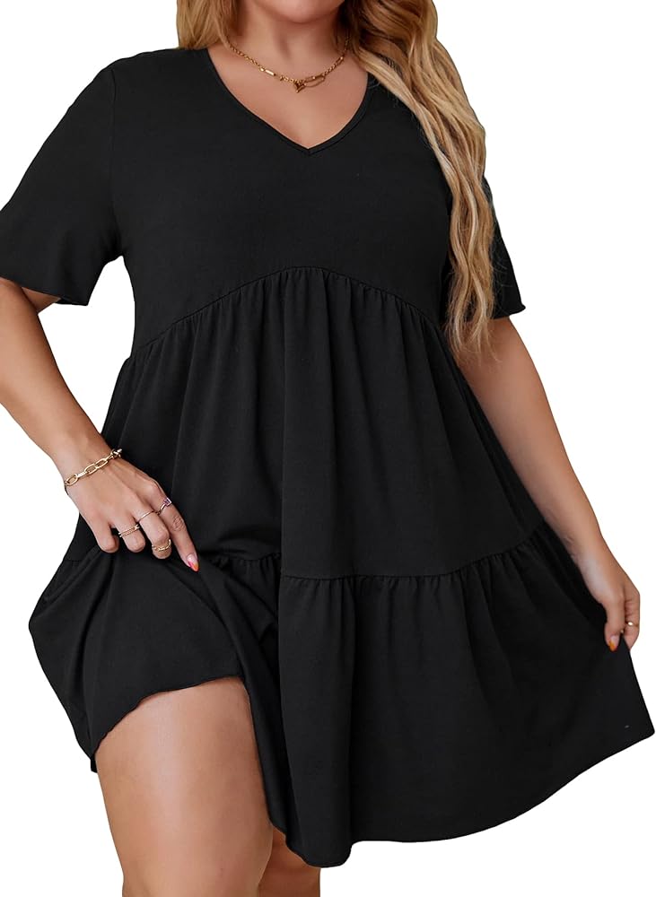 SOLY HUX Women's Plus Size V Neck Short Sleeve A Line Ruffle Hem Babydoll Flowy Dress