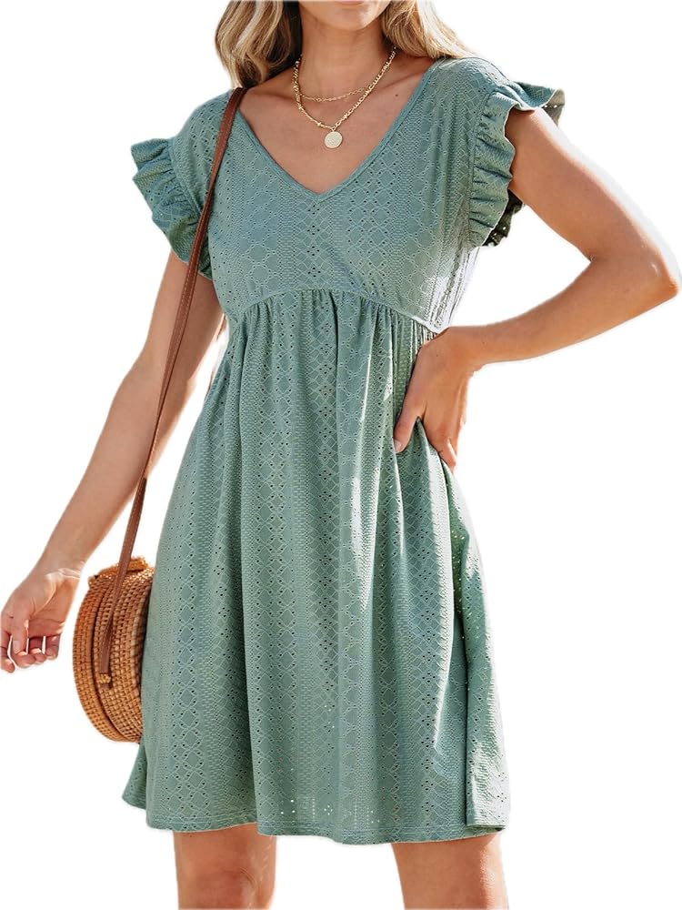 CUPSHE Women's Mini Dress Ruffled Cap Sleeve V Neck Hollow Out Knit Beach Summer Dress