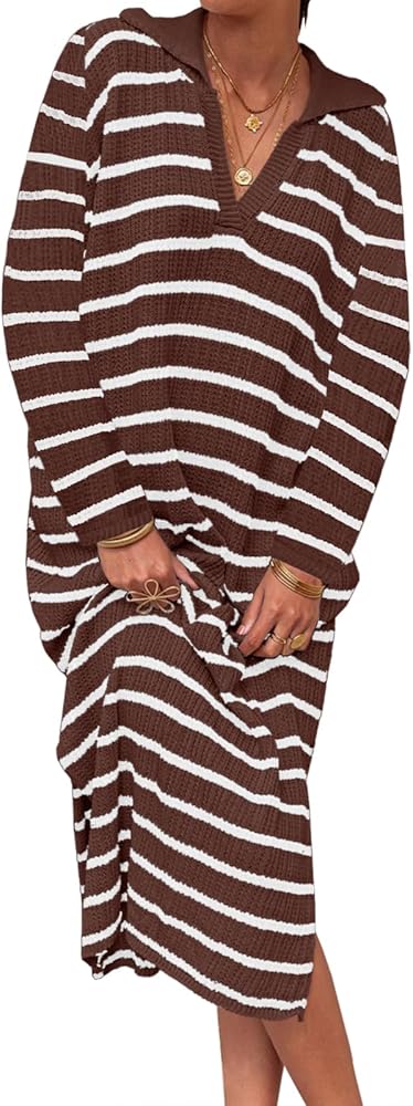 Saodimallsu Womens Striped Sweater Dress Fall Chunky Knit V Neck Collared Long Sleeve Sexy Slit Loose Midi Dresses