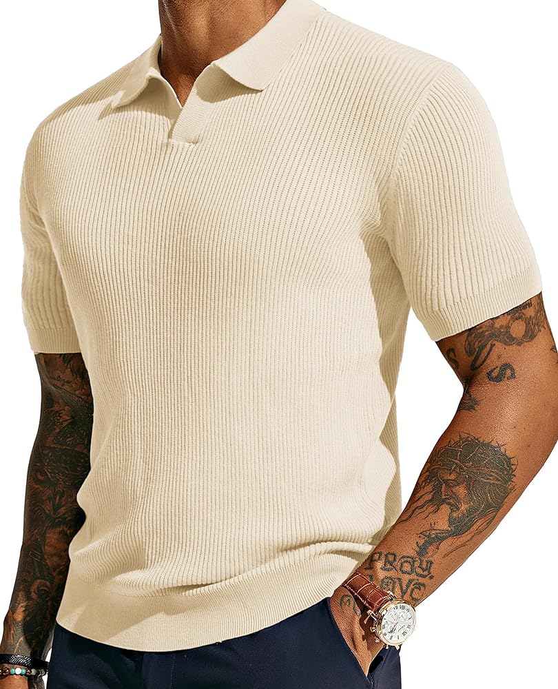 PJ PAUL JONES Mens Polo Shirts Short Sleeve Casual V Neck Ribbed Textured Knit Polo Shirt