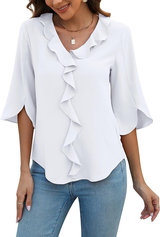 Blooming Jelly Womens Dressy Casual Blouses 3/4 Sleeve V Neck Ruffle Tops Business Ladies Summer 2024 Trendy Work Shirt