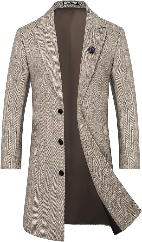 PJ PAUL JONES Men's Herringbone Wool Blend Long Overcoat Pea Coat with Brooch