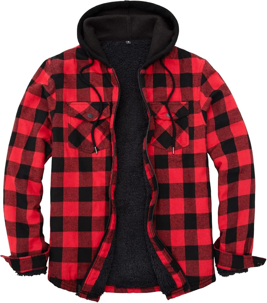 ZENTHACE Mens Sherpa Lined Flannel Shirt Jacket with Hood,Plaid Shirt-Jac,all Sherpa Lining