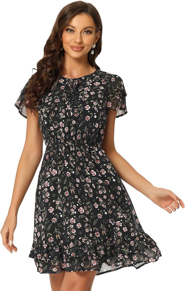 Allegra K Women's Ruffle Sleeve Self-Tie V Neck Above Knee Ruffled A-Line Floral Chiffon Dress