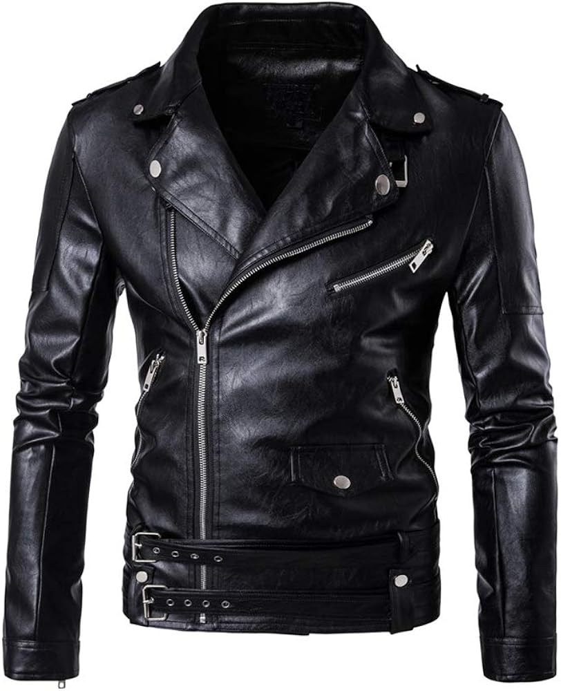 Lavnis Men's PU Leather Jacket Causal Belted Faux Leather Motorcycle Jacket Zipper Biker Coat