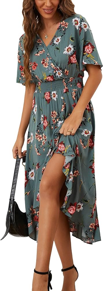 Kormei Women V Neck Short Sleeve Floral High Low Flowy Summer Beach Casual Long Maxi Dress