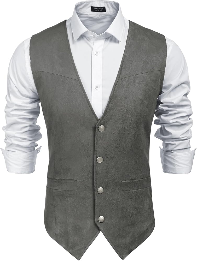 COOFANDY Men's Suede Leather Suit Vest Casual Western Vest Jacket Slim Fit Vest Waistcoat