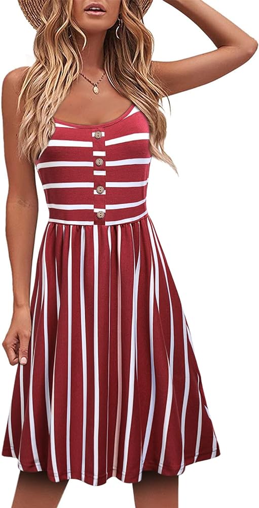 MOQIVGI Womens Spaghetti Strap Button Detail Pleated Summer Casual Stripe Dresses