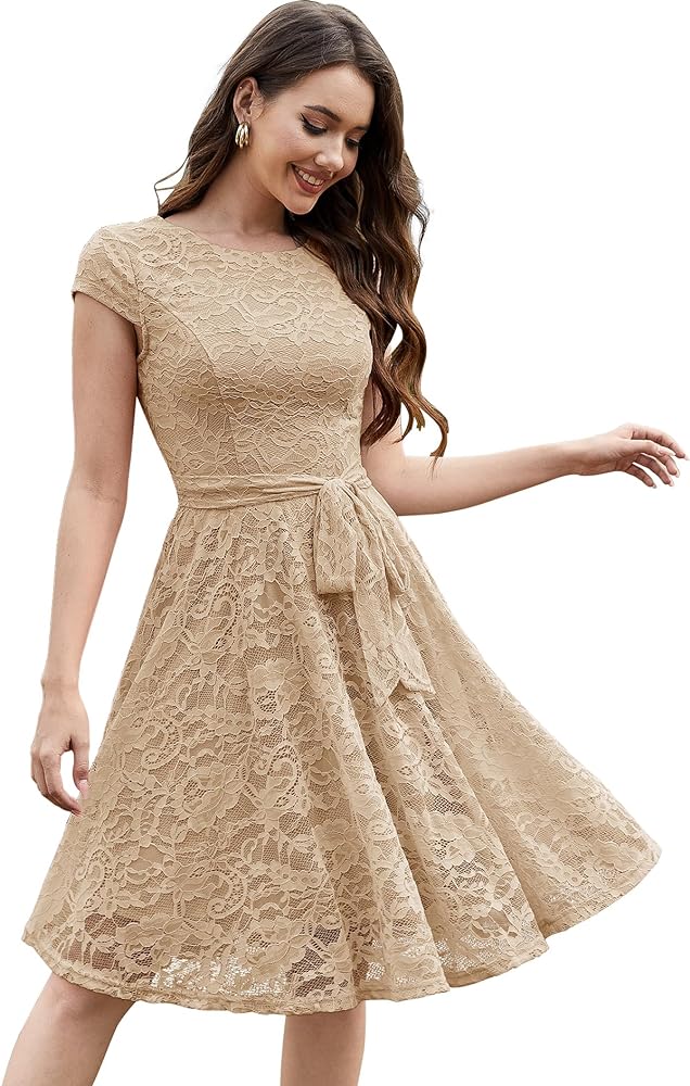 MUADRESS Women Cap-Sleeve Lace Floral Elegant Cocktail Dress Crew Neck Knee Length Bridesmaid Prom Dresses for Party