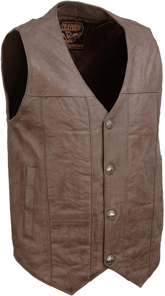 Milwaukee Leather LKM3702 Men's Leather V-Neck Western Style Motorcycle Rider Vest w/Classic Buffalo Snaps Closure