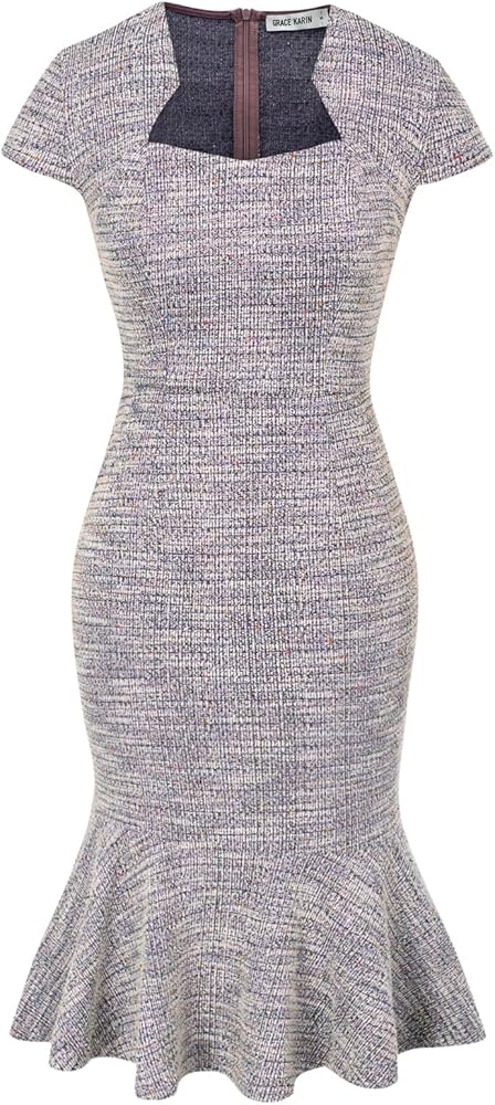 GRACE KARIN Womens Elegant Cap Sleeve Fishtail Midi Tweed Bodycon Dress