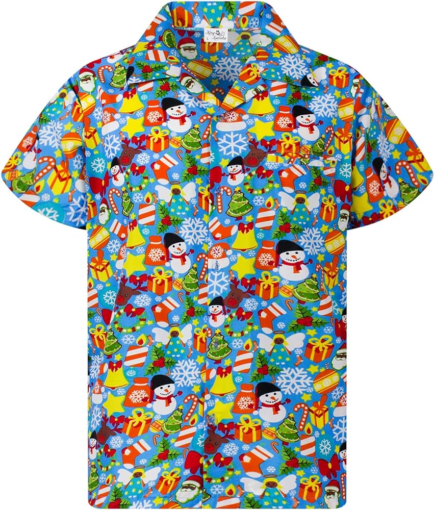 KING KAMEHA Men Christmas Santa-Claus Office-Party Short-Sleeve Button-Down Shirts