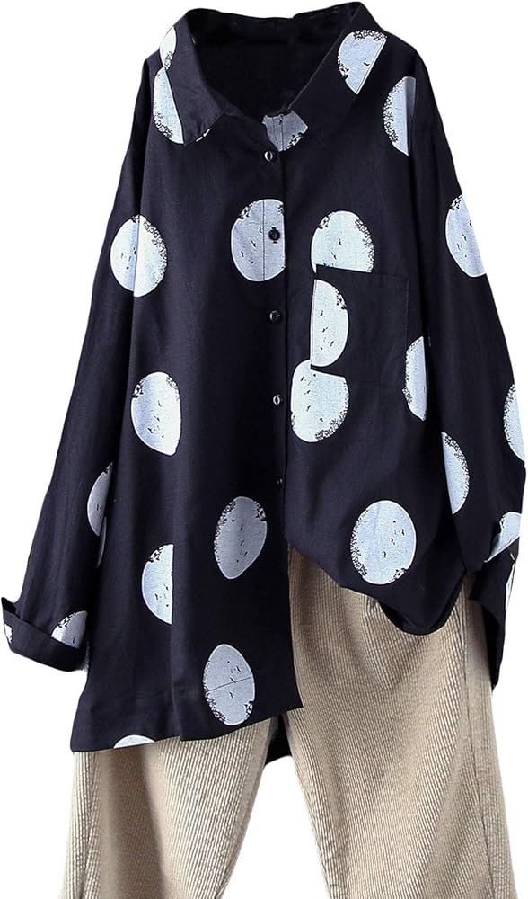 Minibee Women's Button Down Tunic Tops Polka Blouse Cotton Shirt