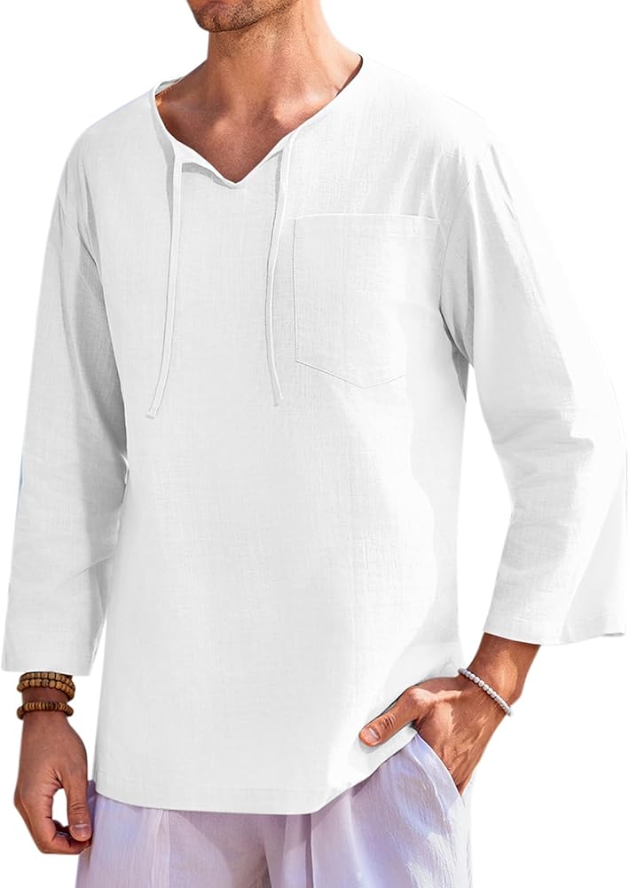 Runcati Mens Linen Cotton Shirts Casual Summer Beach V Neck Henley 3/4 Sleeve Hippie Yoga T Shirts