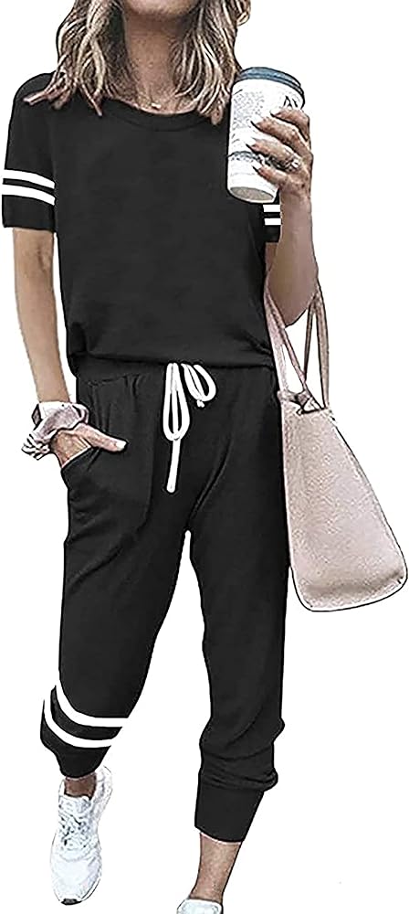 PRETTYGARDEN Women Summer Two Piece Outfits Striped Short Sleeve Pullover and Long Pants Tracksuit Travel Pajama Lounge Set