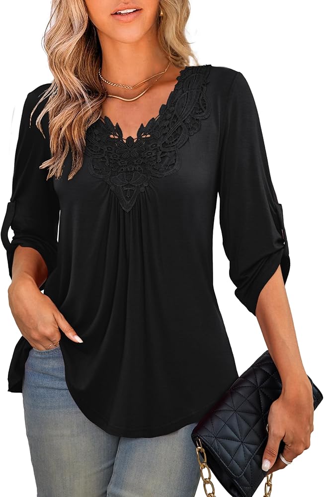 Tralilbee Women's Plus Size Tunic Tops 3/4 Roll Sleeve Shirts Lace Crochet V Neck Casual Blouses