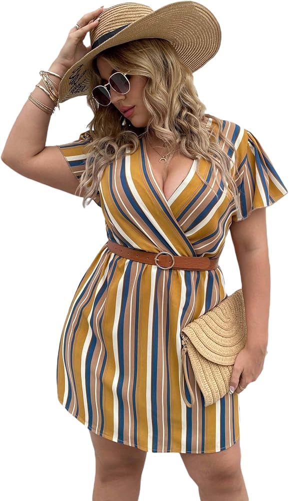 Floerns Women's Plus Size Striped Print Wrap V Neck Short Sleeve A Line Dress