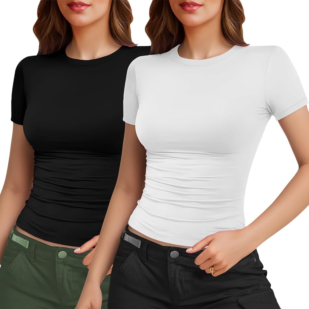 2 Pack Womens Basic Short Sleeve Crew Neck T Shirt Slim Fit Tee 2024 Summer Y2k Going Out Crop Tops Tight Shirts