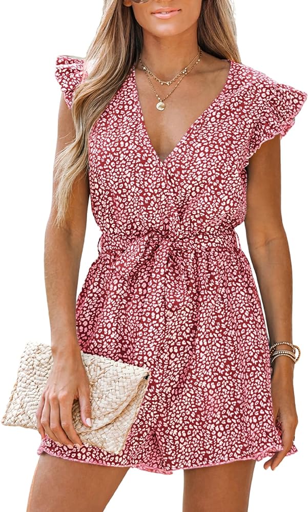 CUPSHE Women's V Neck Floral Print Belted Elastic Waist Romper Ruffled Cap Sleeves Mini Jumpsuit