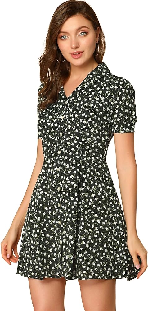 Allegra K Women's Floral Shirt Dress 2024 V Neck Short Sleeve Button Front Shirtdress Summer Dresses