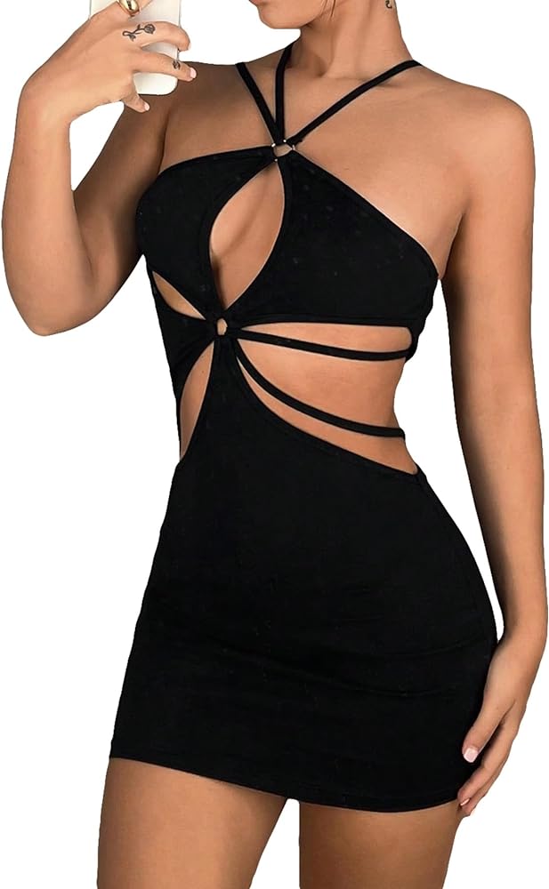 SOLY HUX Women's Cut Out Halter Cami Bodycon Mini Dress Sleeveless Sexy Club Party Dresses