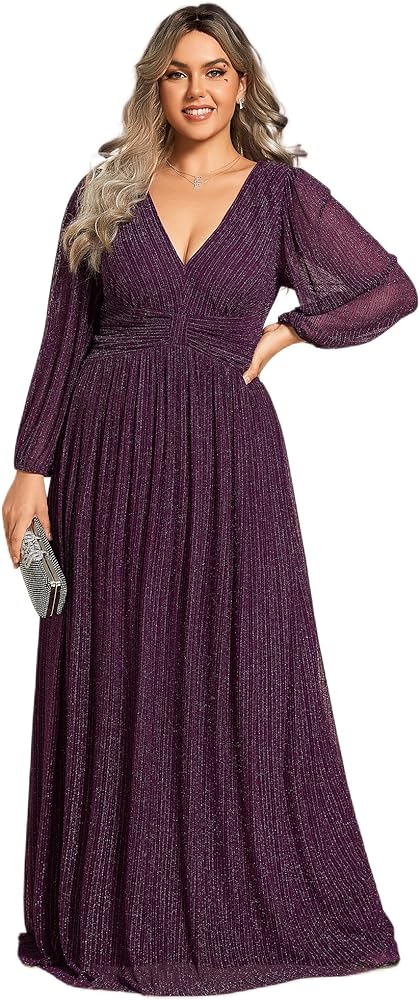 Ever-Pretty Women's Glitter Long Sleeves Pleated Floor Length Evening Formal Dresses Plus Size 01961-DA