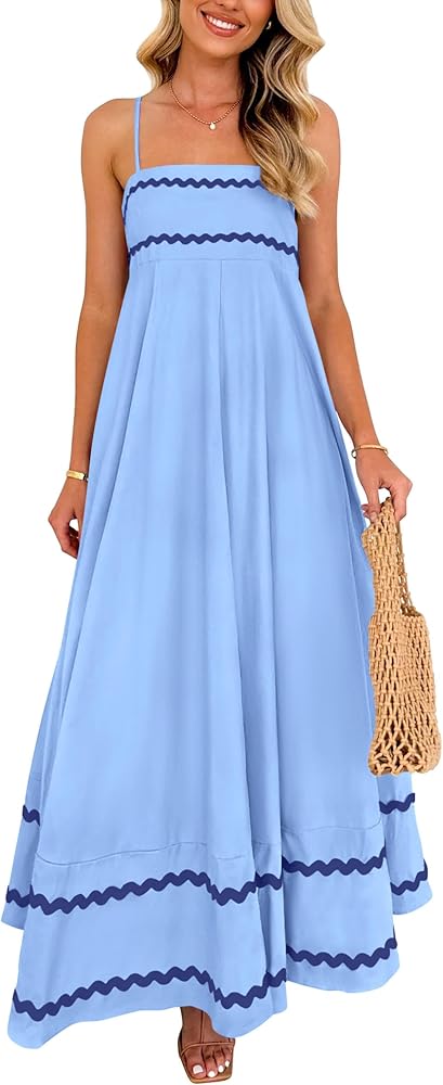 PRETTYGARDEN Women's 2024 Summer Flowy Maxi Dress Casual Sleeveless Spaghetti Strap Ruffle Beach Long Dresses