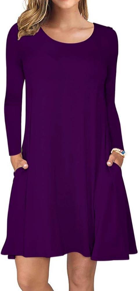 AUSELILY Women's Long Sleeve Casual Swing T-Shirt Dresses with Pockets