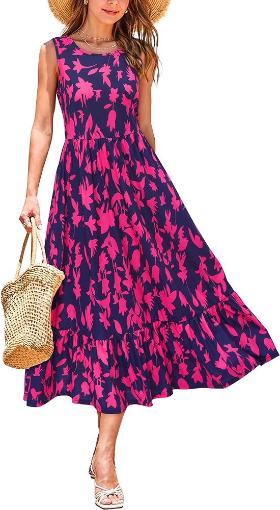 STYLEWORD Women's 2024 Summer Sleeveless Crewneck Tank Sundress Casual Tiered Flowy Beach Maxi Dress with Pockets