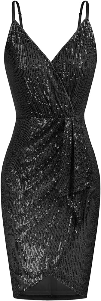 GRACE KARIN Women's Sexy Sequin Dress Wrap V-Neck Ruched Bodycon Spaghetti Straps Cocktail Party Night Club Dresses