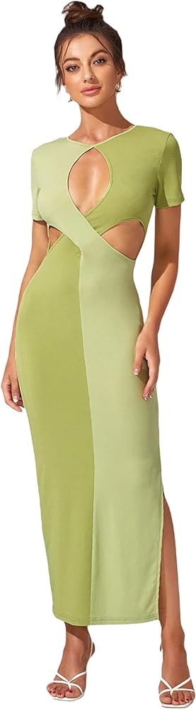 WDIRARA Women's Sexy Cut Out Keyhole Front Dress Split Side Hem Colorblock Short Sleeve Bodycon Casual Maxi Dresses