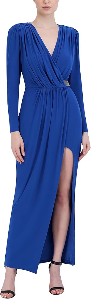 BCBGMAXAZRIA Women's Faux Wrap Sheath Floor Length Evening Dress Long Sleeve Surplice Neck Beaded Belt Front Slit Gown