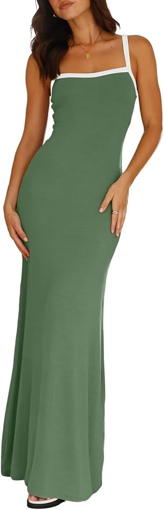 Acelitt Womens Summer Soft Long Slip Dresses Sexy Spaghetti Strap Bodycon Maxi Dress