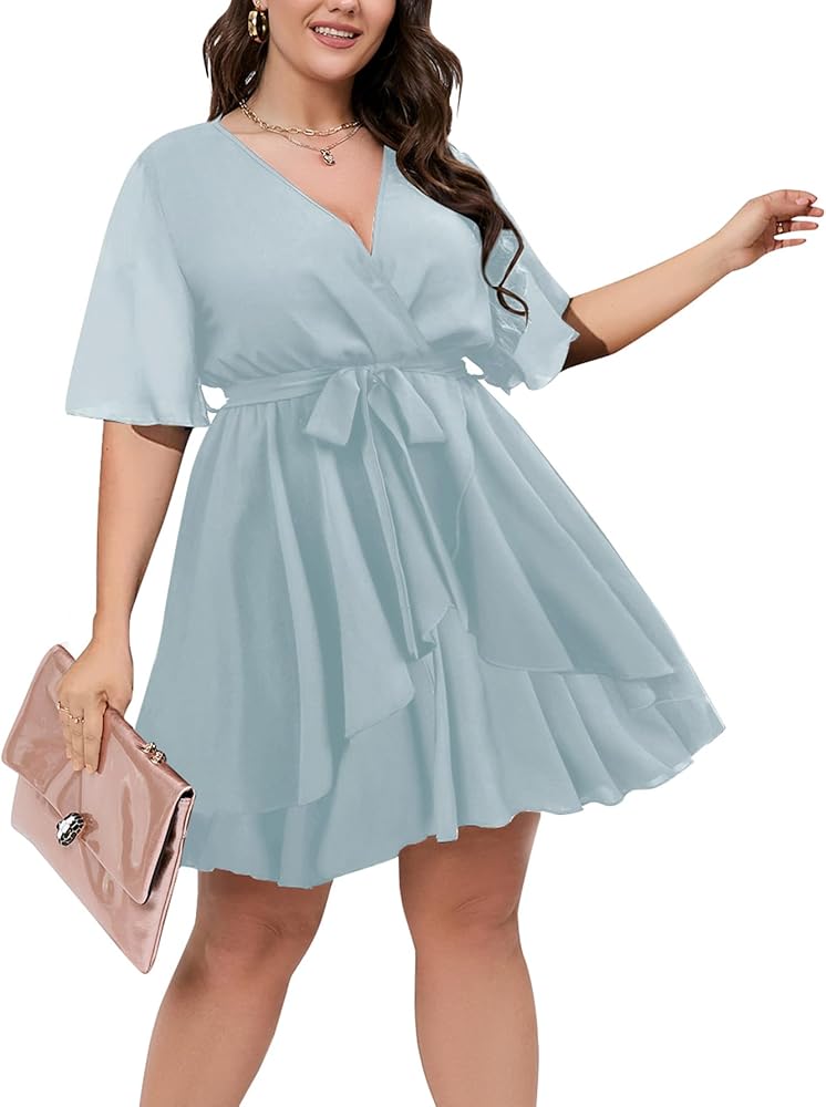 Plus Size Dress for Women V Neck Wrap Short Sleeve Summer Mini Short Dress