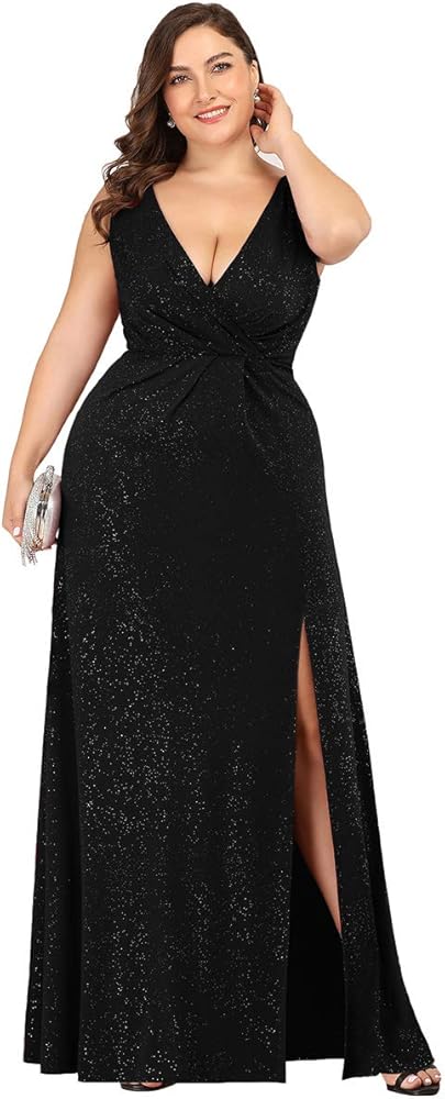 Ever-Pretty Women's V-Neck Glitter Dress Side Split Gliter Plus Size Semi Formal Dresses for Women 07505-DA