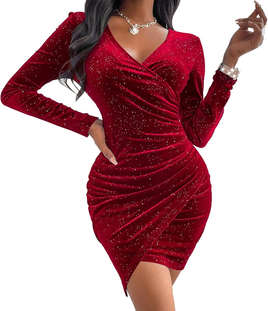 vunahzma Women's Mini Wrap Dress V Neck Long Sleeve Velvet Bodycon Glitter Ruched Cocktail Party Dresses