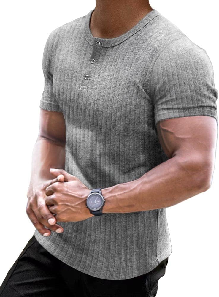 Muscle Cmdr Men's Ribbed Henley Shirt Slim Fit Muscle Shirt Fitted Cotton Short&Long Sleeve Casual T-Shirt