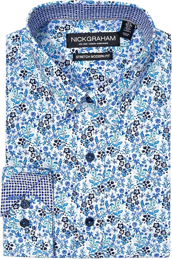 Nick Graham Long Sleeve Wildflower Floral Dress Shirt for Men, Wrinkle Free Men’s Dress Shirt with Performance Fabric